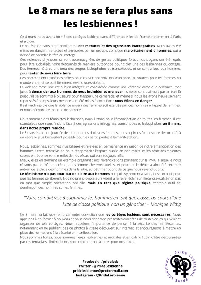 Le 8 Mars ne se fera plus sans les lesbiennes !