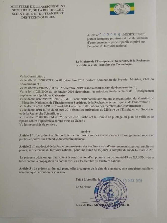 GABON - COVID 19 - FERMETURE PROVISOIRE DES ETABLISSEMENTS GABON - COVID 19 - FERMETURE PROVISOIRE DES ETABLISSEMENTS