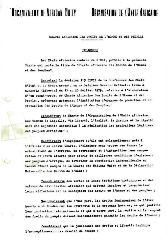 Charte Africaine des Droits de l'homme et des peuples, adoptée à Nairobi au Kenya, en juin 1961 par la dix-huitième conférence des Chefs d'Etat et de gouvernement de l'Organisation de l'Unité Africaine Charte Africaine des Droits de l'homme et des peuples, adoptée à Nairobi au Kenya, en juin 1961 par la dix-huitième conférence des Chefs d'Etat et de gouvernement de l'Organisation de l'Unité Africaine