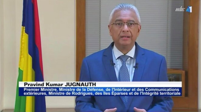 Le Premier ministre mauricien, lors de son allocution télévisée, le 19 mars 2020. © MBC-TV Le Premier ministre mauricien, lors de son allocution télévisée, le 19 mars 2020. © MBC-TV