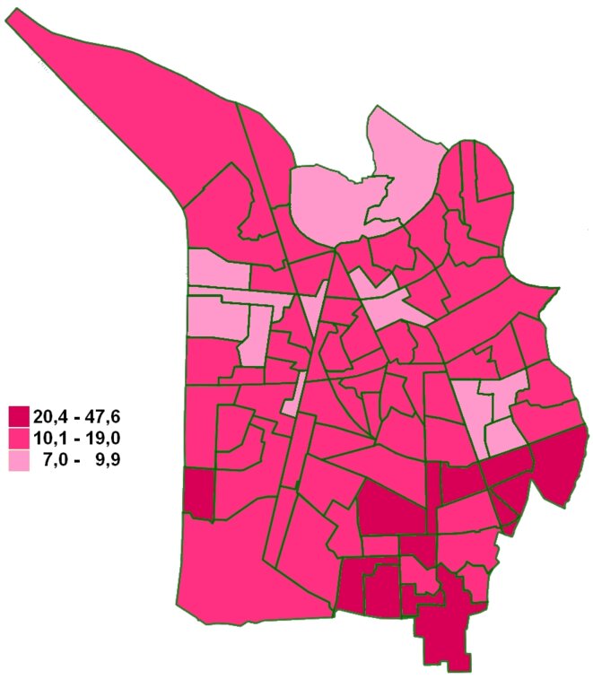Carte du vote Noblecourt (PS) au 1er tour des élections municipales à Grenoble, par bureau de vote Carte du vote Noblecourt (PS) au 1er tour des élections municipales à Grenoble, par bureau de vote