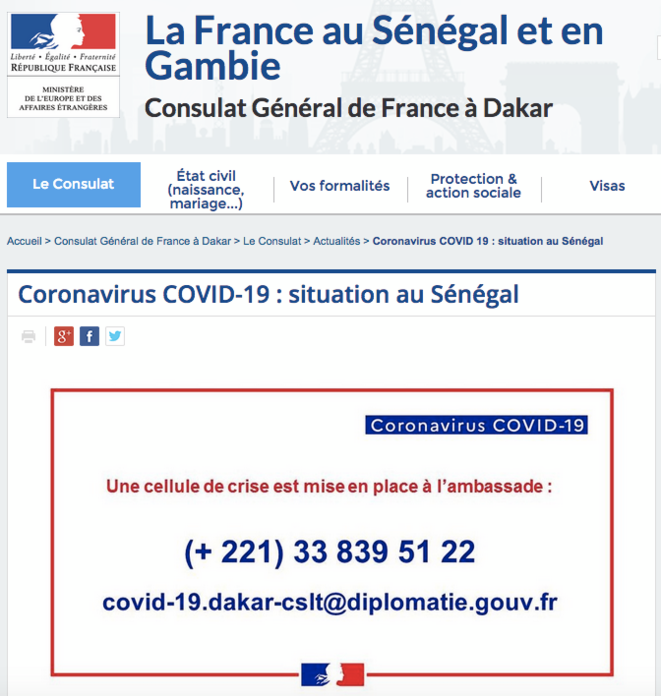 Capture d'écran du site Internet de l'ambassade de France au Sénégal Capture d'écran du site Internet de l'ambassade de France au Sénégal