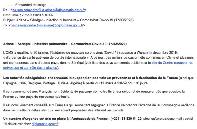 Copie d'un mail expédié aux ressortissants par l'ambassade de France au Sénégal Copie d'un mail expédié aux ressortissants par l'ambassade de France au Sénégal