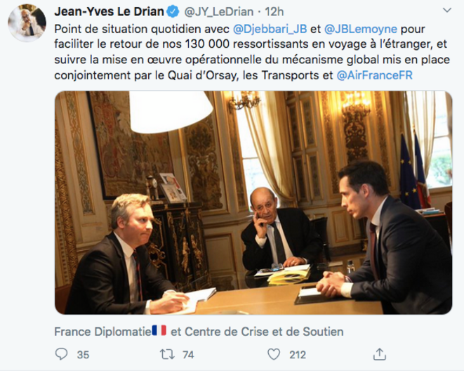 Tweet du ministre Jean-Yves le Drian du 20 mars Tweet du ministre Jean-Yves le Drian du 20 mars
