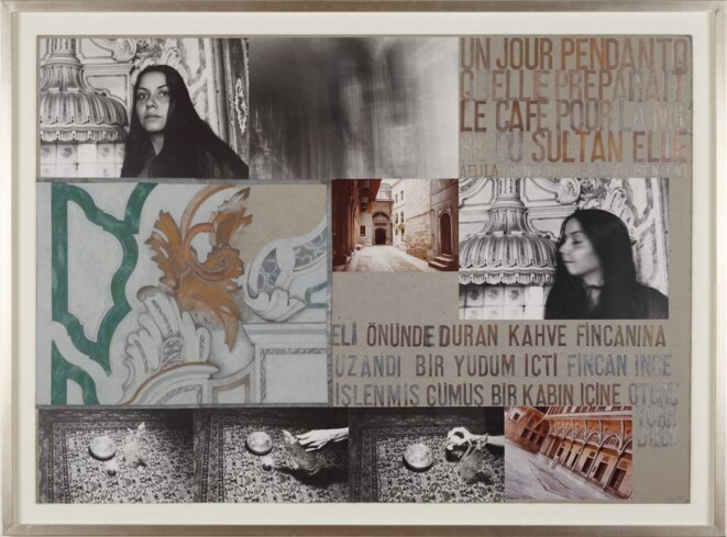 Nil Yalter, Harem, 1979, vidéo noir et blanc, 45’, collage avec photographies et dessins, 120 x 80 cm © Courtesy Nil Yalter. Nil Yalter, Harem, 1979, vidéo noir et blanc, 45’, collage avec photographies et dessins, 120 x 80 cm © Courtesy Nil Yalter.