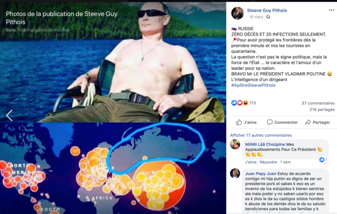A meme that has gone viral: Russian leader Vladimir Putin relaxing; below is a map of Europe showing how it has been invaded by the virus. © DR