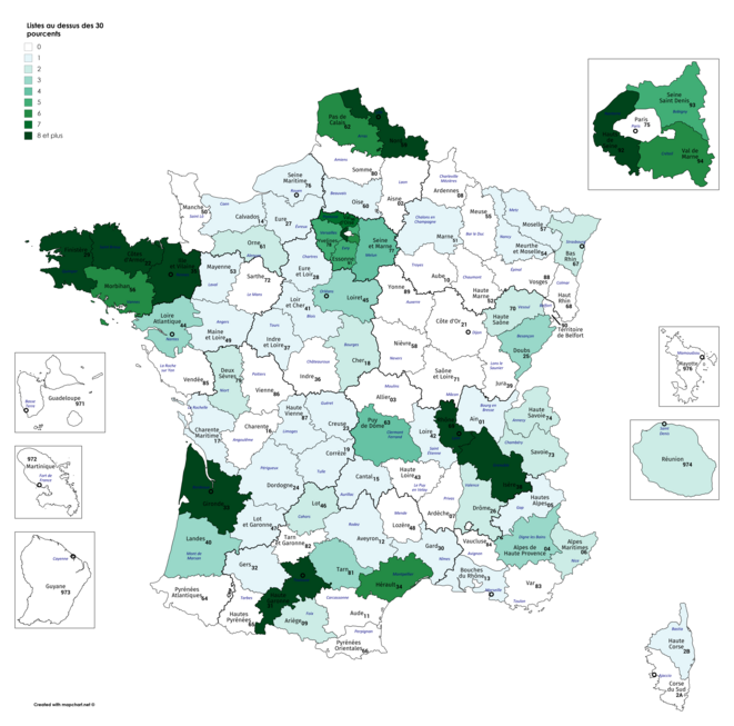 Carte des listes écologistes au dessus des 30 pourcents © Nathan Guedj Carte des listes écologistes au dessus des 30 pourcents © Nathan Guedj