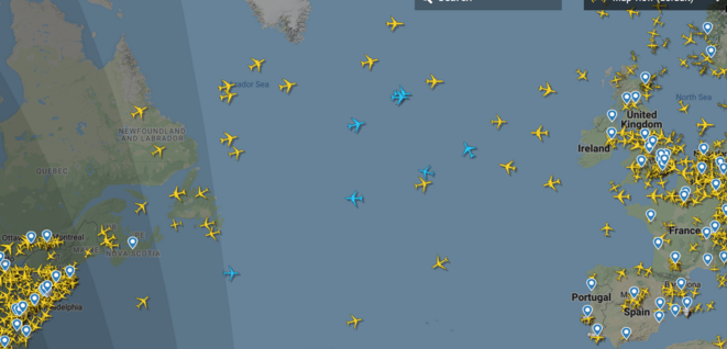 Capture d'écran de Flightradar24 le 1er avril 2020 à 12h15 montrant l'Atlantique Nord © Flightradar24 - capture d'écran de Marc Jamous Capture d'écran de Flightradar24 le 1er avril 2020 à 12h15 montrant l'Atlantique Nord © Flightradar24 - capture d'écran de Marc Jamous