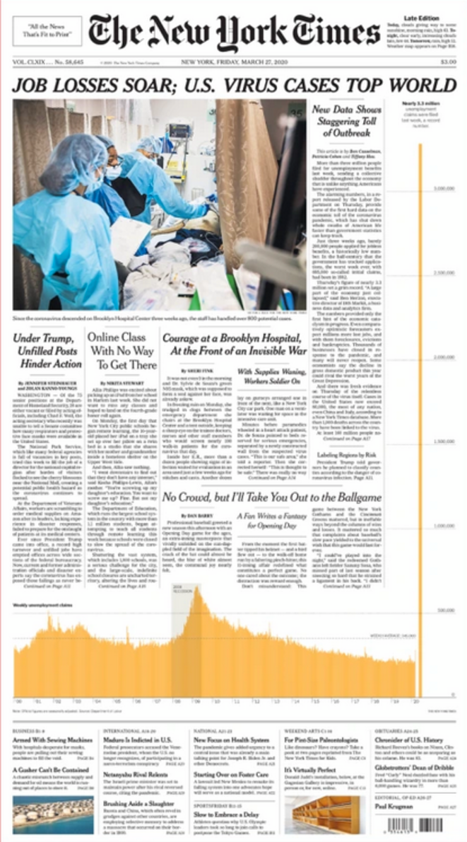 La une du New York Times, le 27 mars 2020 © The New York Times La une du New York Times, le 27 mars 2020 © The New York Times