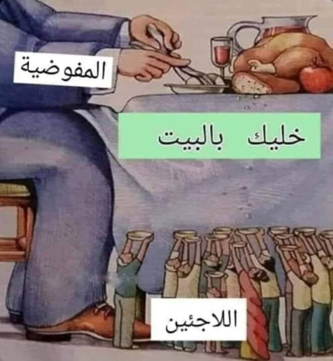 Image partagée sur les réseaux sociaux. Homme à table : le UNHCR ; la table : "restez chez vous" ; sous la table : les réfugiés. Image partagée sur les réseaux sociaux. Homme à table : le UNHCR ; la table : "restez chez vous" ; sous la table : les réfugiés.