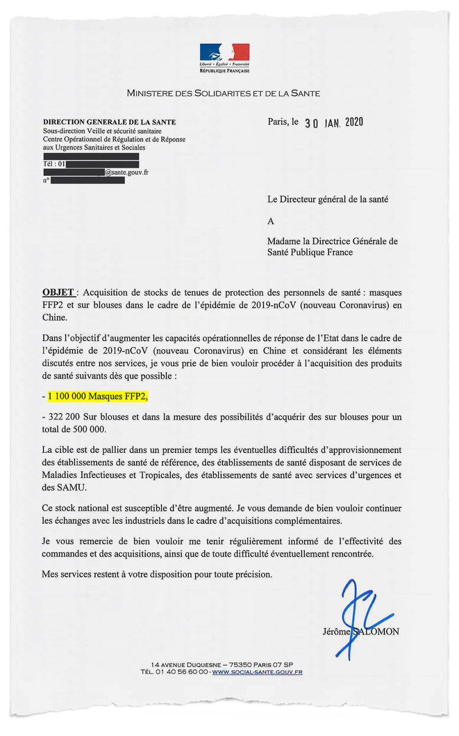 El encargo de equipo de protección ordenado por la Dirección General de Salud (DGS) el 30 de enero de 2020. © Documento de Mediapart El encargo de equipo de protección ordenado por la Dirección General de Salud (DGS) el 30 de enero de 2020. © Documento de Mediapart