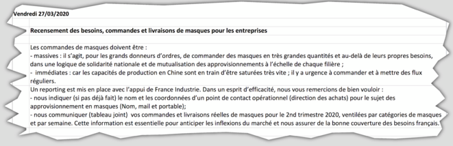 Consignes données par le ministère de l'Economie aux entreprises qui veulent importer des masques. © Document Mediapart Consignes données par le ministère de l'Economie aux entreprises qui veulent importer des masques. © Document Mediapart