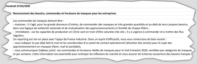 Consignes données par le ministère de l'Economie aux entreprises qui veulent importer des masques. © Document Mediapart