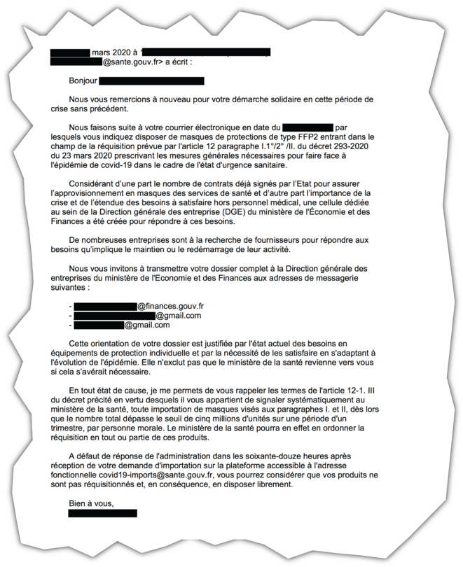 Courriel du ministère de la santé adressé à un importateur de masques © Document Mediapart