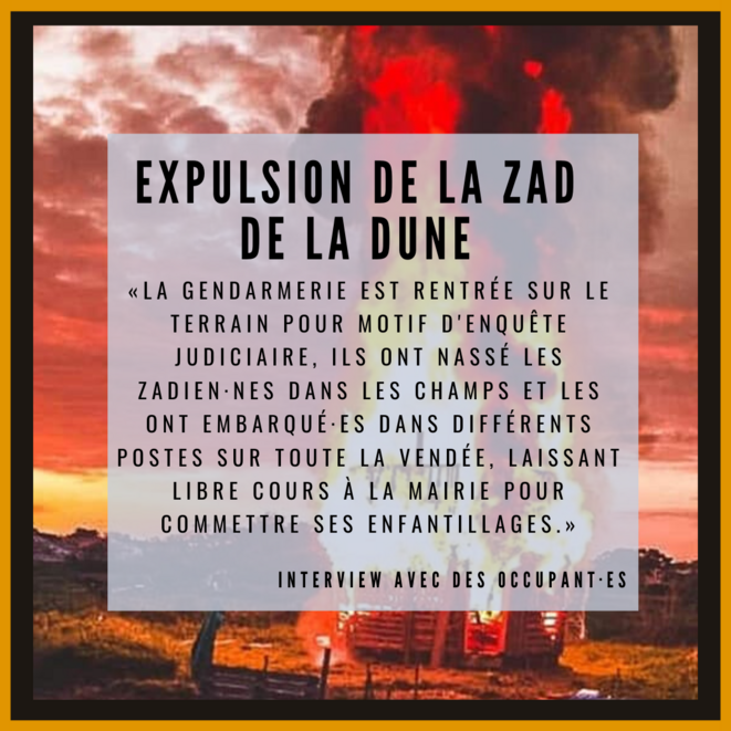 Montage zad de la dune, cabane en feu pendant l'expulsion du 8/04/2020 © (c) VinDiesel Photographie Montage zad de la dune, cabane en feu pendant l'expulsion du 8/04/2020 © (c) VinDiesel Photographie