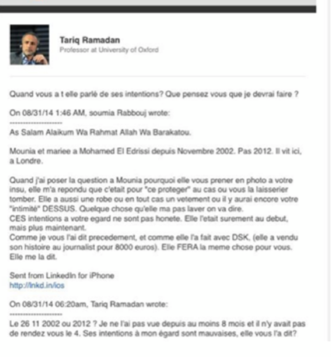 Capture d'écran de Soumia Rabbouj envoyé à Tariq Ramadan au sujet de Mounia Rabbouj Capture d'écran de Soumia Rabbouj envoyé à Tariq Ramadan au sujet de Mounia Rabbouj