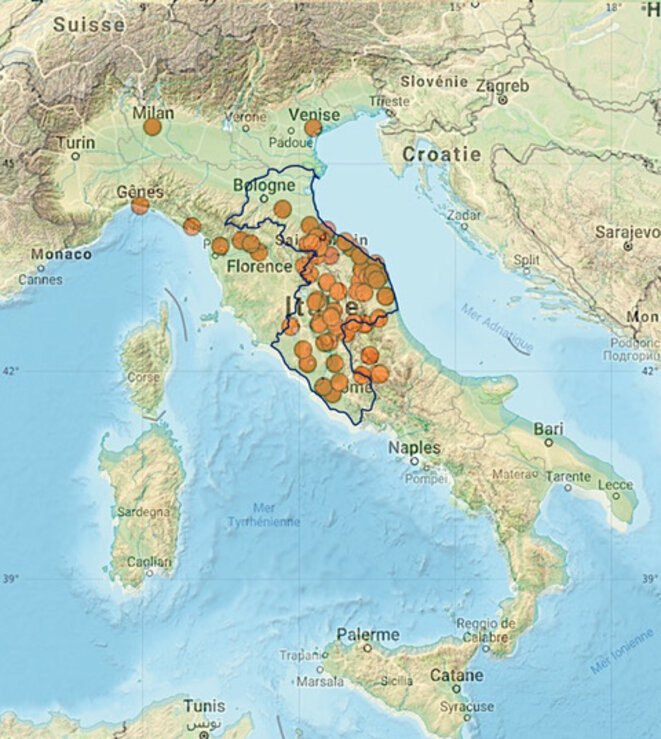 Carte des lieux d'origine des 283 vignerons recensés par les curés romains en 1648. Les curés recensaient la population des paroisses chaque année avant Pâques afin d'établir la liste des habitants qui pouvaient recevoir la communion. Ces listes sont appelées "états des âmes". © Eleonora Canepari. Cahiers d'histoire. Revue d'histoire critique. Carte des lieux d'origine des 283 vignerons recensés par les curés romains en 1648. Les curés recensaient la population des paroisses chaque année avant Pâques afin d'établir la liste des habitants qui pouvaient recevoir la communion. Ces listes sont appelées "états des âmes". © Eleonora Canepari. Cahiers d'histoire. Revue d'histoire critique.