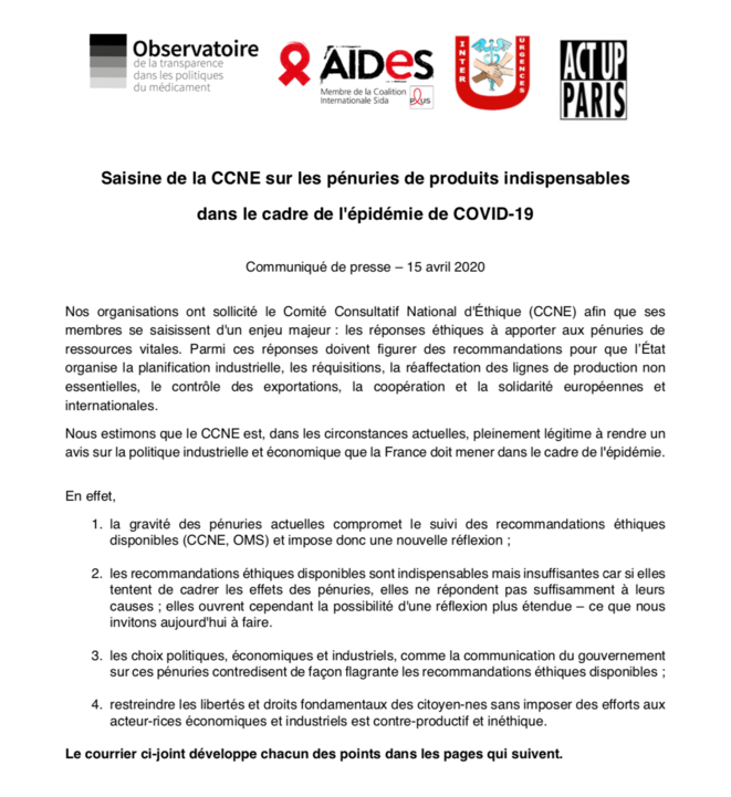 Pénuries: nos associations saisissent le Comité consultatif national d'éthique