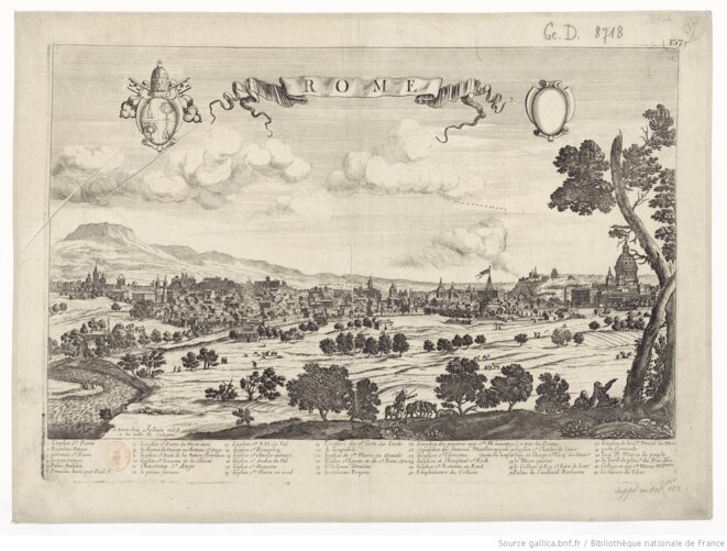 Vue panoramique de Rome au XVIIe siècle, anonyme, éditée chez Jollain, rue Saint-Jacques. 48 x 55 cm. Source: gallica.bnf.fr Vue panoramique de Rome au XVIIe siècle, anonyme, éditée chez Jollain, rue Saint-Jacques. 48 x 55 cm. Source: gallica.bnf.fr