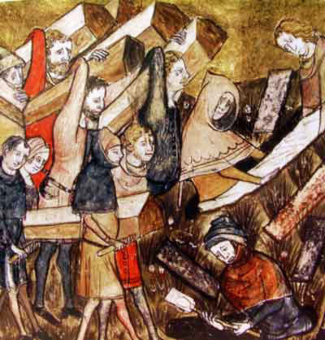 Enterrement de victimes de la peste à Tournai. Détail d'une miniature des "Chroniques et annales de Gilles le Muisit", Bibliothèque royale de Belgique, MS 13076-77, f. 24v. Enterrement de victimes de la peste à Tournai. Détail d'une miniature des "Chroniques et annales de Gilles le Muisit", Bibliothèque royale de Belgique, MS 13076-77, f. 24v.