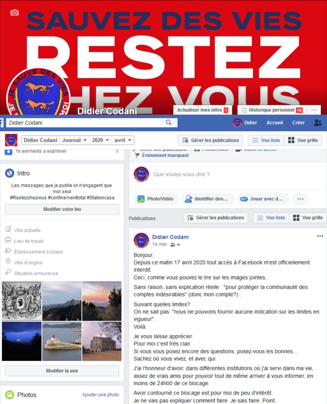 Page Facebook Didier CODANI le 17 avril 2020 © Didier CODANI Page Facebook Didier CODANI le 17 avril 2020 © Didier CODANI