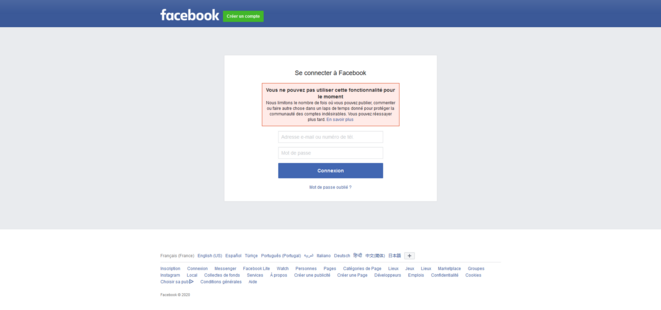 Le panneau de blocage affiché par Facebook ce 17 avril 2020 © Didier CODANI Le panneau de blocage affiché par Facebook ce 17 avril 2020 © Didier CODANI