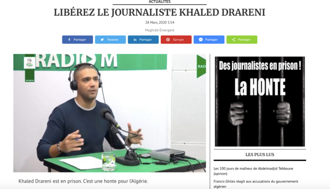 Capture d'écran du site Maghreb Emergent, censuré en Algérie et dénonçant l’emprisonnement de journalistes dont un de ses collaborateurs Khaled Drareni.