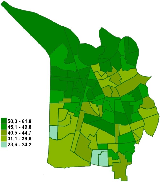 Carte du vote Piolle au 1er tour des élections municipales à Grenoble, par bureau de vote Carte du vote Piolle au 1er tour des élections municipales à Grenoble, par bureau de vote