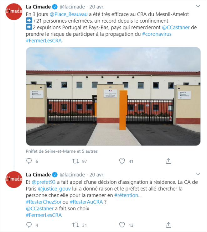 Capture d'écran d'une publication du compte twitter de la Cimade. Capture d'écran d'une publication du compte twitter de la Cimade.