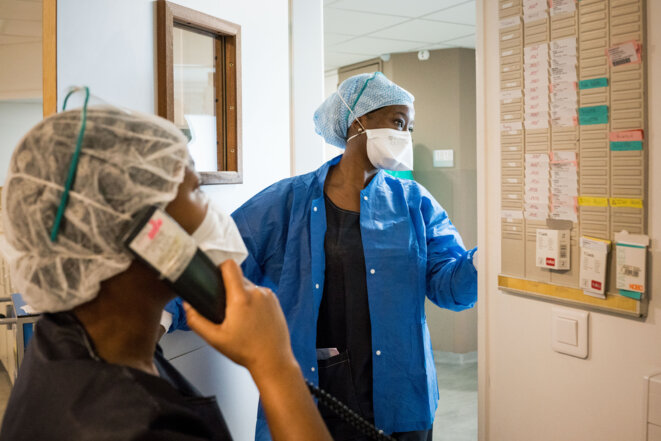 Dans un service Covid de l’hôpital Delafontaine, à Saint-Denis, le 3 avril 2020. © Benjamin GIRETTE / HANS LUCAS / AFP Dans un service Covid de l’hôpital Delafontaine, à Saint-Denis, le 3 avril 2020. © Benjamin GIRETTE / HANS LUCAS / AFP