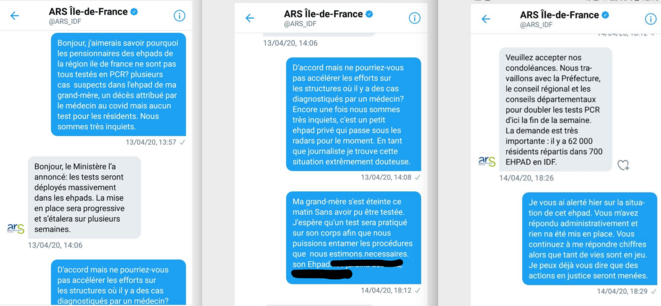 Echange de tweets entre le petit-fils d'une résidente d’un Ehpad et l'ARS Île-de-France