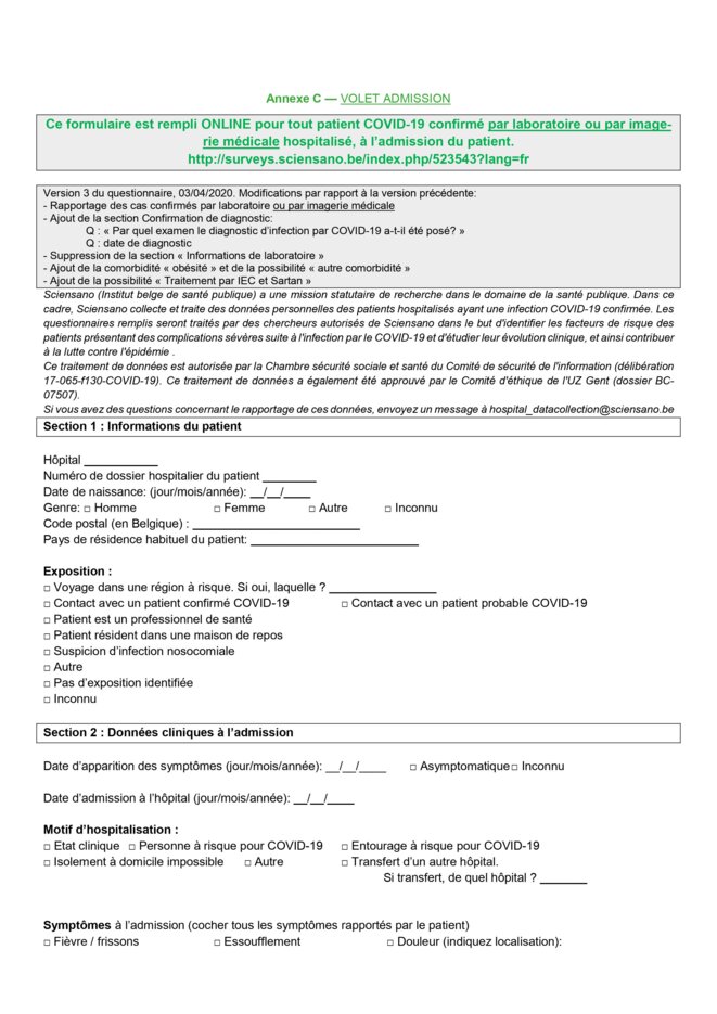 La première page du formulaire admission hôpital COVID-19 © claude semal