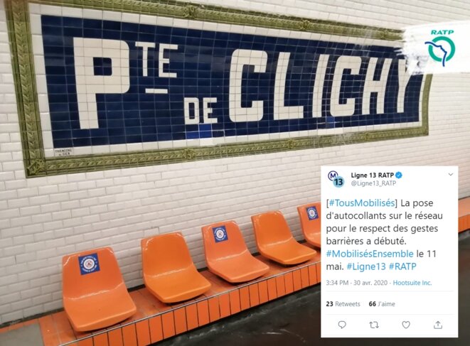 Des autocollants pour respecter les gestes barrières sur la ligne 13. © RATP Des autocollants pour respecter les gestes barrières sur la ligne 13. © RATP