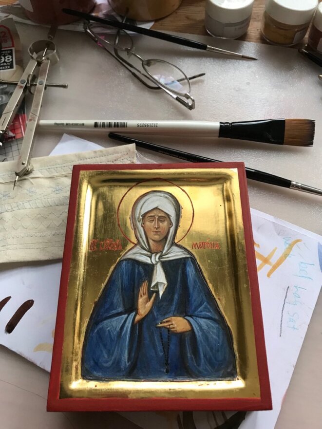 Tiny icon of Orthodox Saint Matrona of Moscow, hand painted in gold leaf and egg tempera. © Katherine Sanders Tiny icon of Orthodox Saint Matrona of Moscow, hand painted in gold leaf and egg tempera. © Katherine Sanders