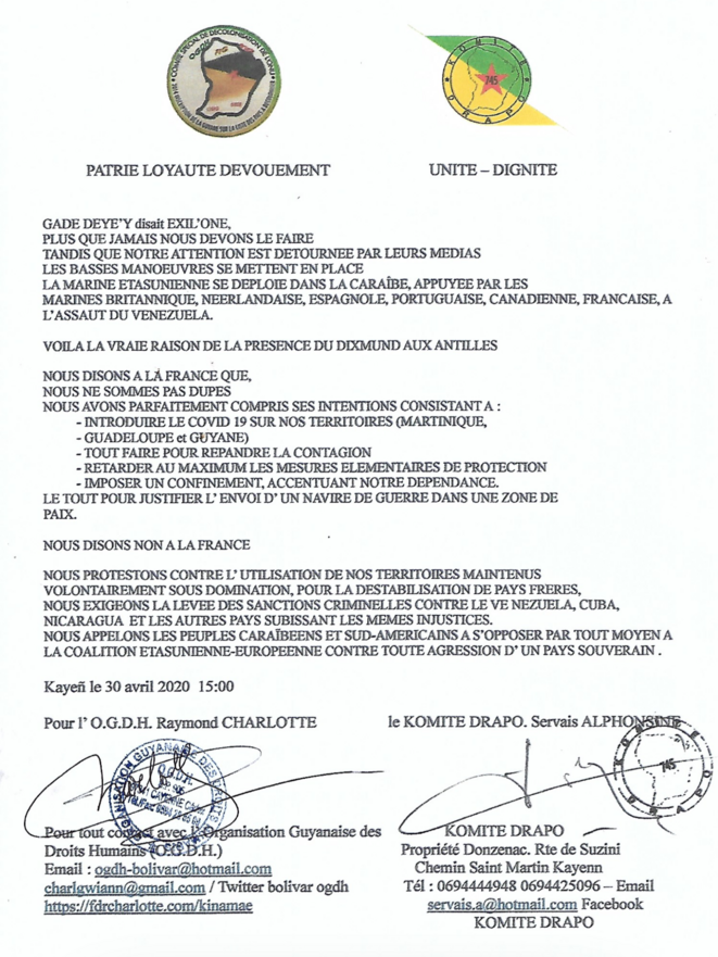 Lettre du KOMITÉ DRAPO et de l’Organisation Guyanaise des Droits Humain (OGDH).
