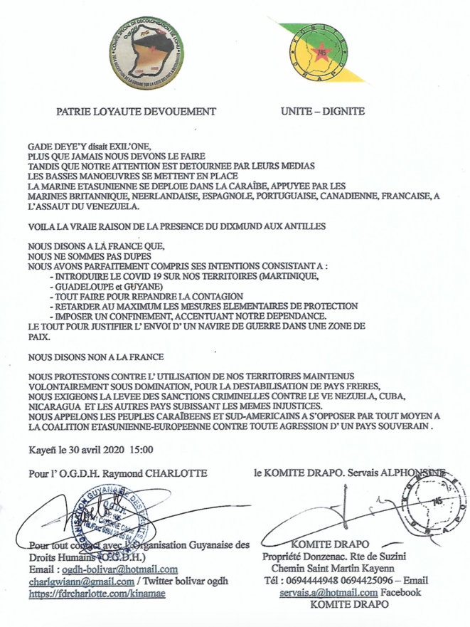 Lettre du KOMITÉ DRAPO et de l’Organisation Guyanaise des Droits Humain (OGDH). Lettre du KOMITÉ DRAPO et de l’Organisation Guyanaise des Droits Humain (OGDH).