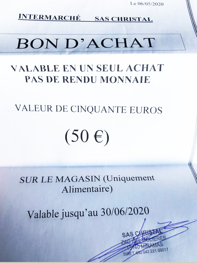 Bon d'achat distribué aux salariés de l'Intermarché de Miramas au lieu de la prime. Bon d'achat distribué aux salariés de l'Intermarché de Miramas au lieu de la prime.