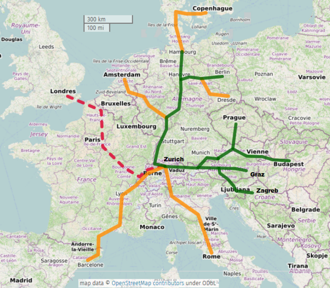 trains de nuit existants (en vert) et proposés à l'étude (en orange) au départ de la Suisse