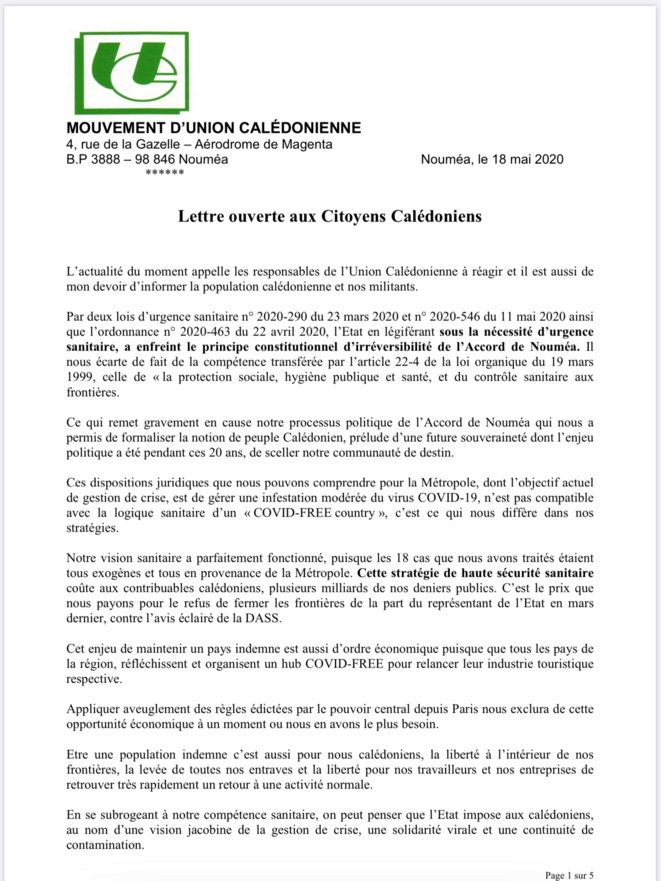 Lettre ouverte de l’Union Calédonienne UC. 1/5 Lettre ouverte de l’Union Calédonienne UC. 1/5