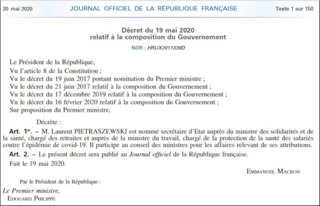 «Journal officiel de la République française» (20/05/20). Copie d'écran. «Journal officiel de la République française» (20/05/20). Copie d'écran.