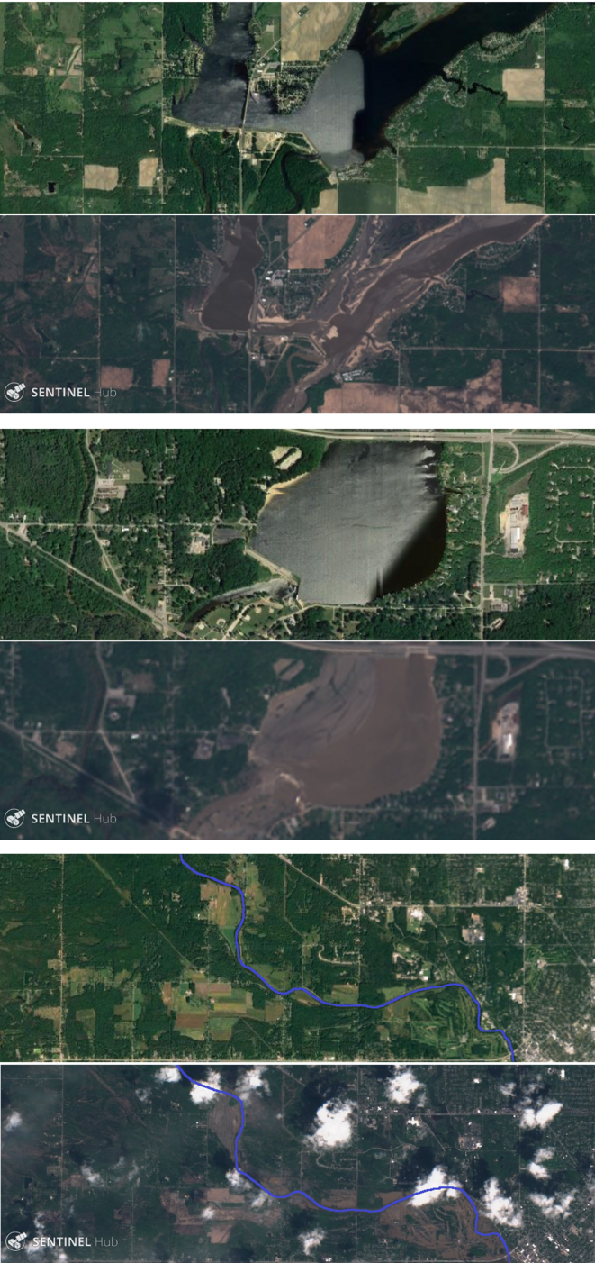Trois photos aériennes avant et après la crue, prises par le programme d'observation européen Copernicus Trois photos aériennes avant et après la crue, prises par le programme d'observation européen Copernicus