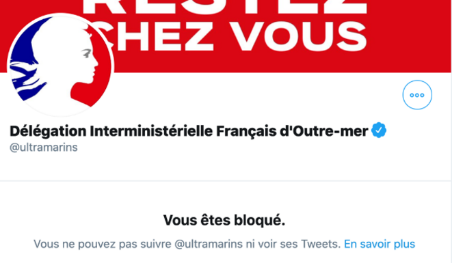 Capture d’écran collector mettant en évidence le blocage d’un compte Twitter par la délégation ministérielle Capture d’écran collector mettant en évidence le blocage d’un compte Twitter par la délégation ministérielle