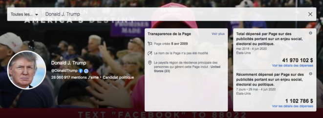 Dépenses publicitaires de Donald Trump sur Facebook. © Capture d'écran Dépenses publicitaires de Donald Trump sur Facebook. © Capture d'écran