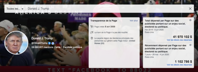 Dépenses Publicitaires De Donald Trump Sur Facebook. © Capture D'Écran