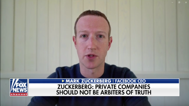 Mark Zuckerberg interviewé par la chaîne pro-Trump Fox News, jeudi 28 mai. © Capture d'écran Mark Zuckerberg interviewé par la chaîne pro-Trump Fox News, jeudi 28 mai. © Capture d'écran