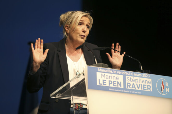 Marine Le Pen, le 6 mars 2020, à Marseille. © Pascal POCHARD-CASABIANCA / AFP Marine Le Pen, le 6 mars 2020, à Marseille. © Pascal POCHARD-CASABIANCA / AFP