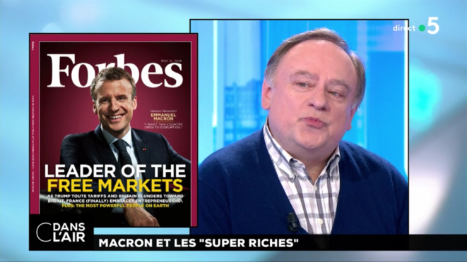 Capture d'écran lors d'une émission de "C dans l'air" sur France 5 (produite par le groupe Lagardère), avec l'économiste néo-libéral Jean-Marc Daniel Capture d'écran lors d'une émission de "C dans l'air" sur France 5 (produite par le groupe Lagardère), avec l'économiste néo-libéral Jean-Marc Daniel