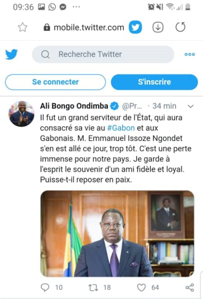 Le tweet du Président Gabonais, M. Ali Bongo Ondimba Le tweet du Président Gabonais, M. Ali Bongo Ondimba
