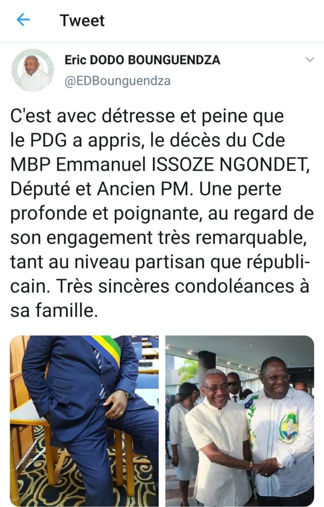 Le tweet du Secrétaire général du Parti Démocratique Gabonais (PDG), M. Éric Dodo Bounguendza, Le tweet du Secrétaire général du Parti Démocratique Gabonais (PDG), M. Éric Dodo Bounguendza,