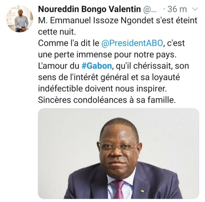 Le tweet du Coordinateur général des Affaires présidentielles, M. Noureddin Bongo Valentin Le tweet du Coordinateur général des Affaires présidentielles, M. Noureddin Bongo Valentin